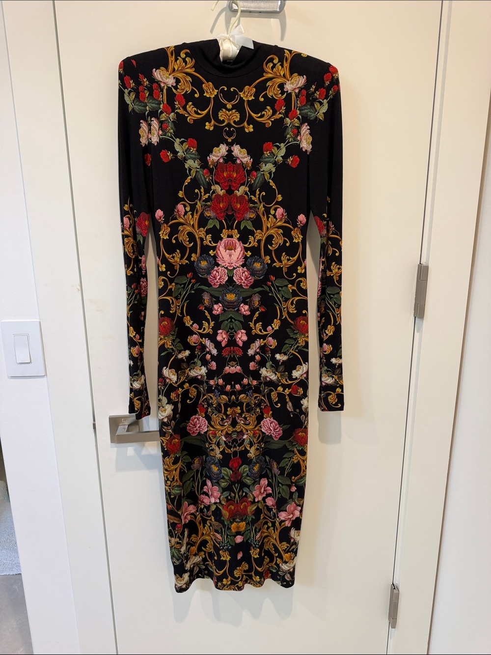 Floral Baroque Long Sleeve Midi Dress - Black with Multicolor Floral Print